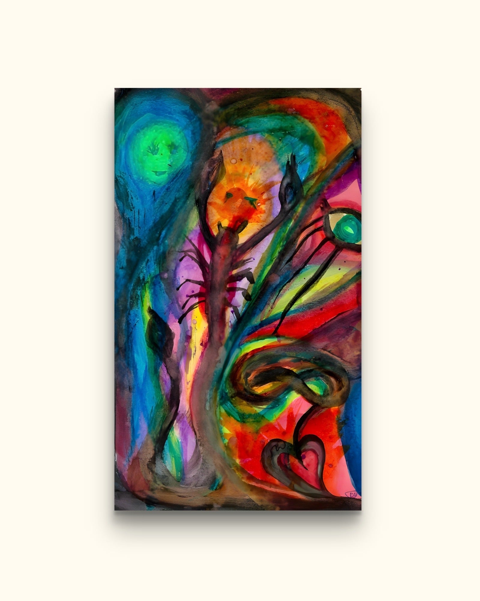 Painting of scorpion and emotional face on beige wall.