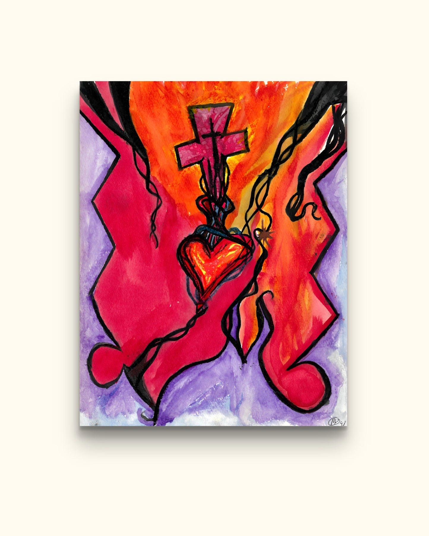 Orange and red painting of a heart and a cross on beige wall.