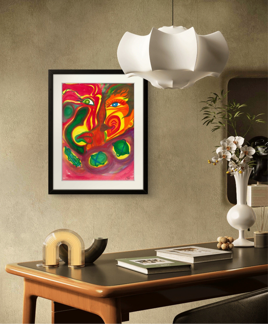 Black framed orange man and woman painting on green wall behind desk.