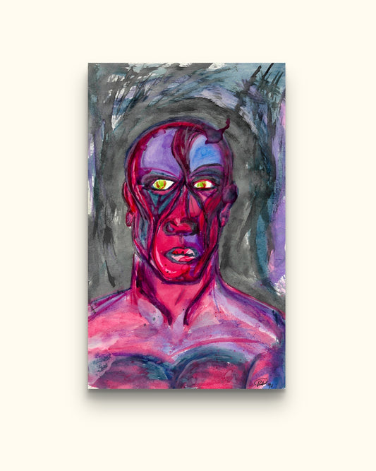 Painting of pink man with grey background on beige wall.