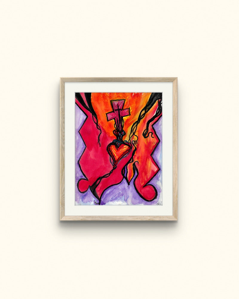 Wooden framed orange painting on beige wall.