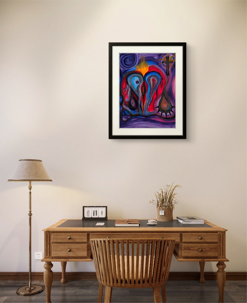 Black framed heart painting on white wall above wooden desk.