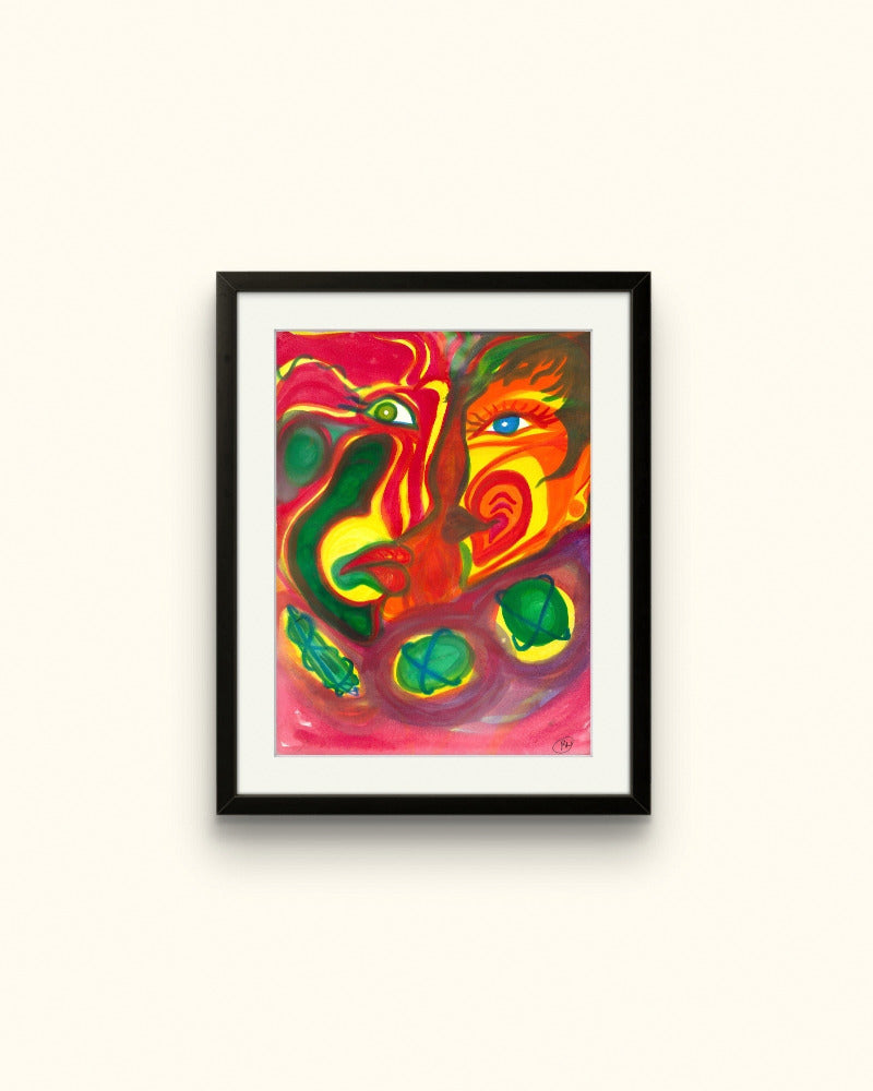 Black framed orange man and woman painting on beige wall.