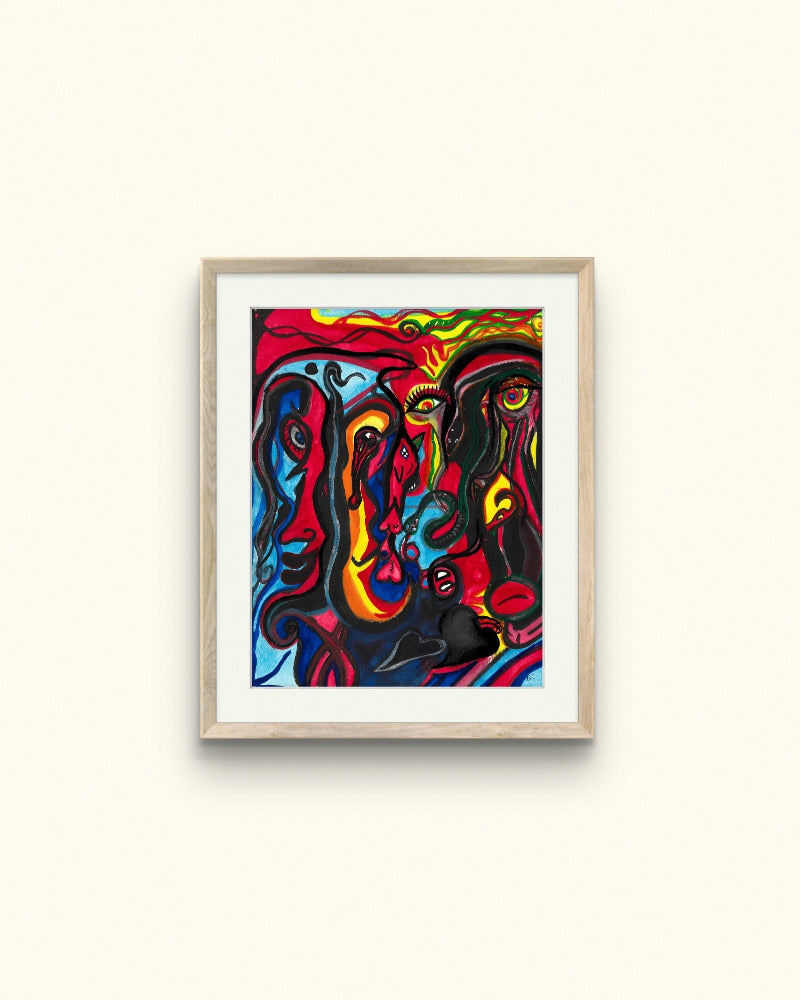 Wooden framed colorful face painting on beige wall.