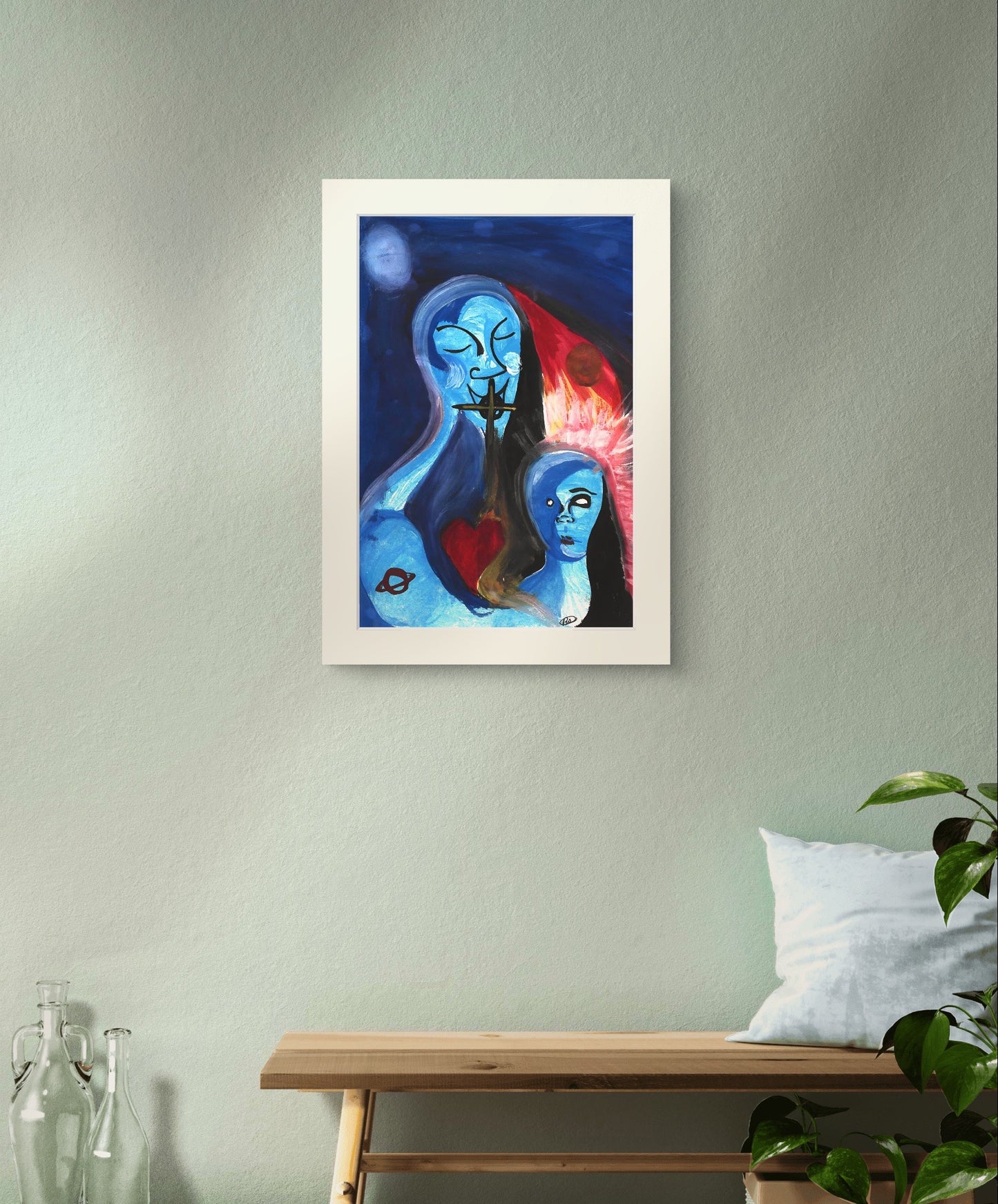 White border of blue figure painting on green wall above wooden bench and plants.