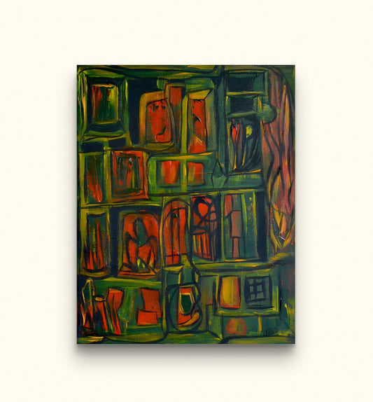Green and orange flowing room painting with abstract lion.