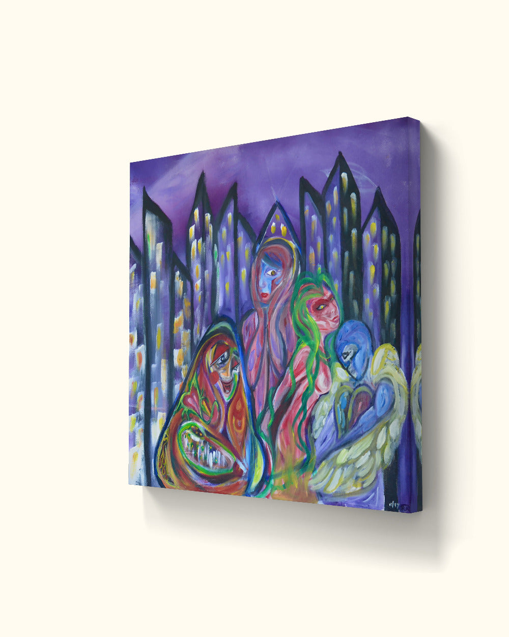 Angled view of soul and angel painting on beige wall.