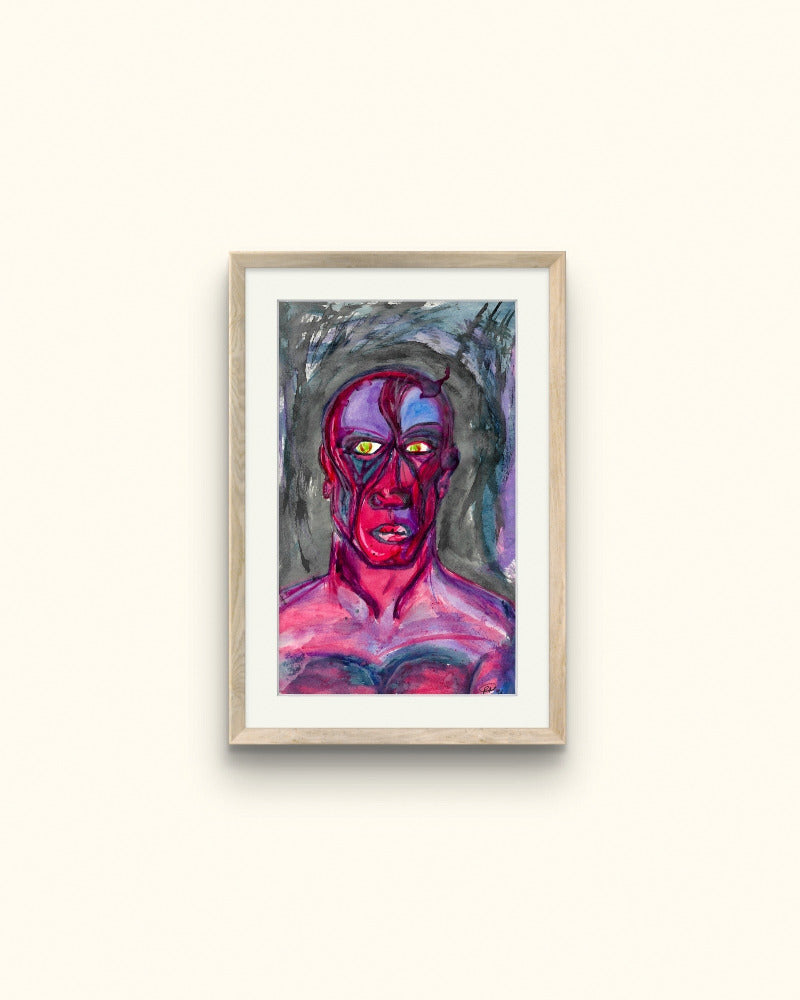 Wooden framed pink man painting on beige wall.