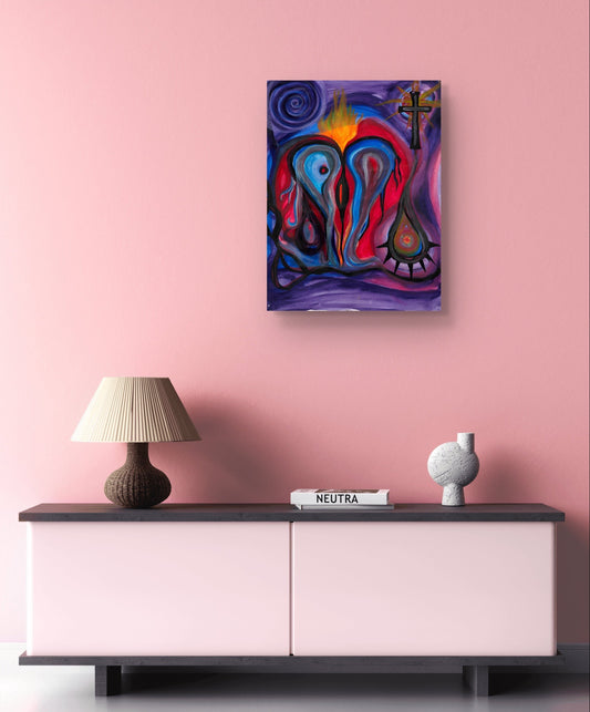 Heart painting on pink wall above dresser.