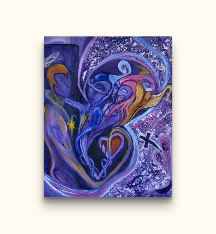 Purple painting of three entangled souls on beige wall.
