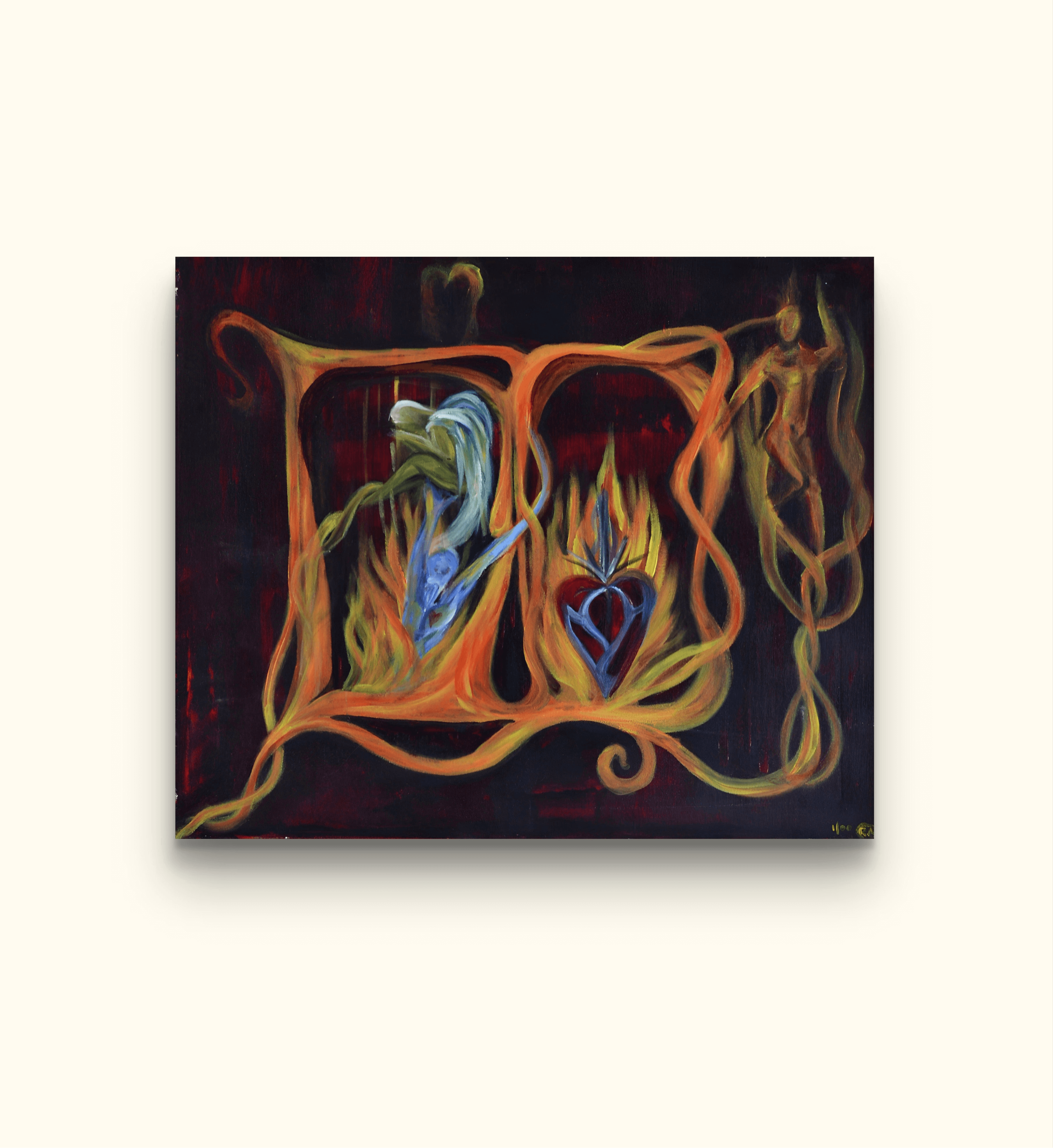 Orange painting of angels healing burning heart on beige wall.