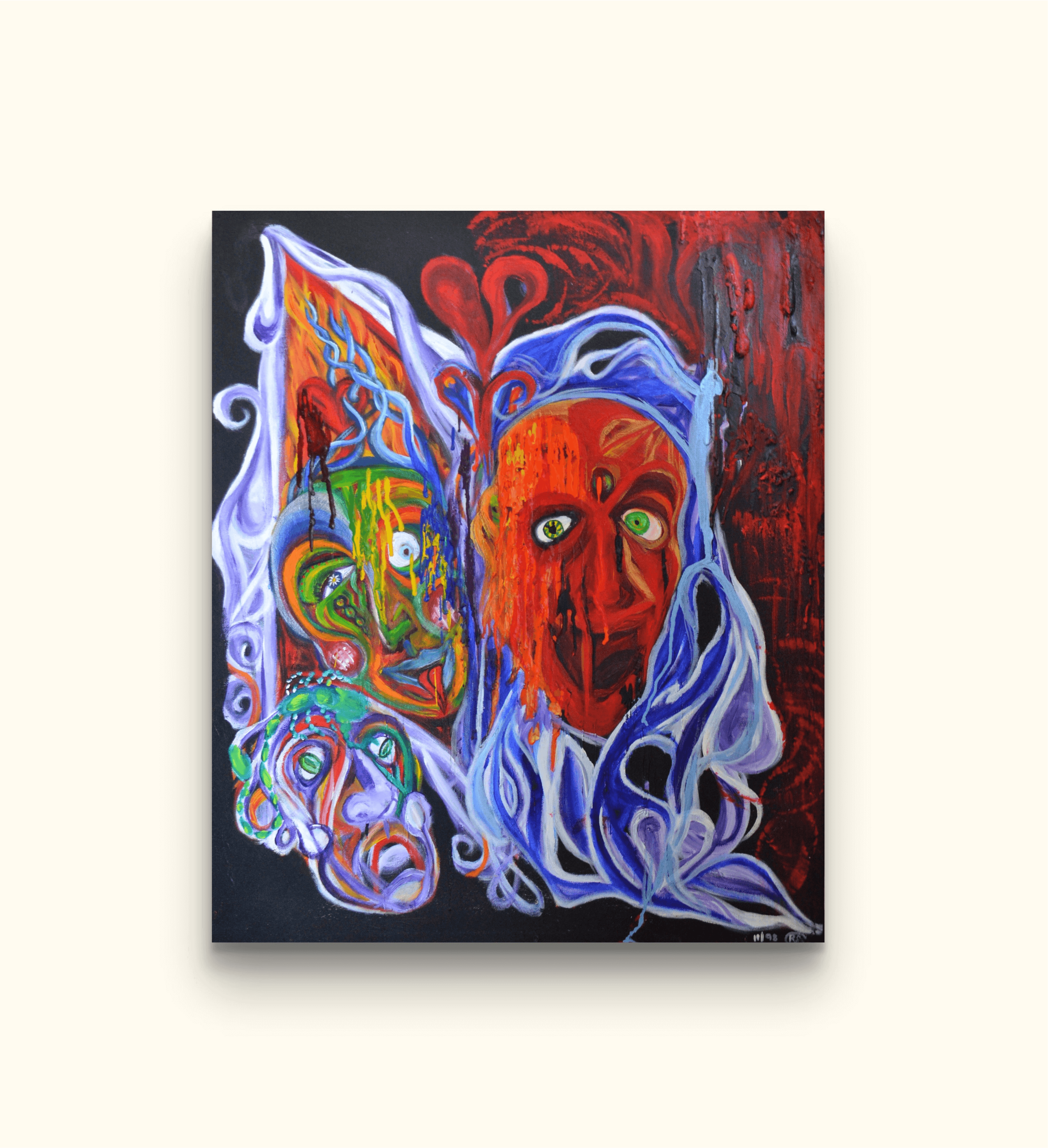 Red painting of three faces on beige wall.