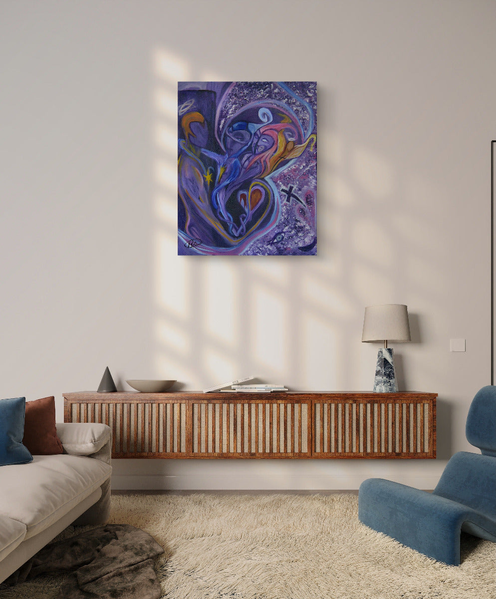 Purple lovers painting on white wall above floating wooden table behind blue chair and white couch.