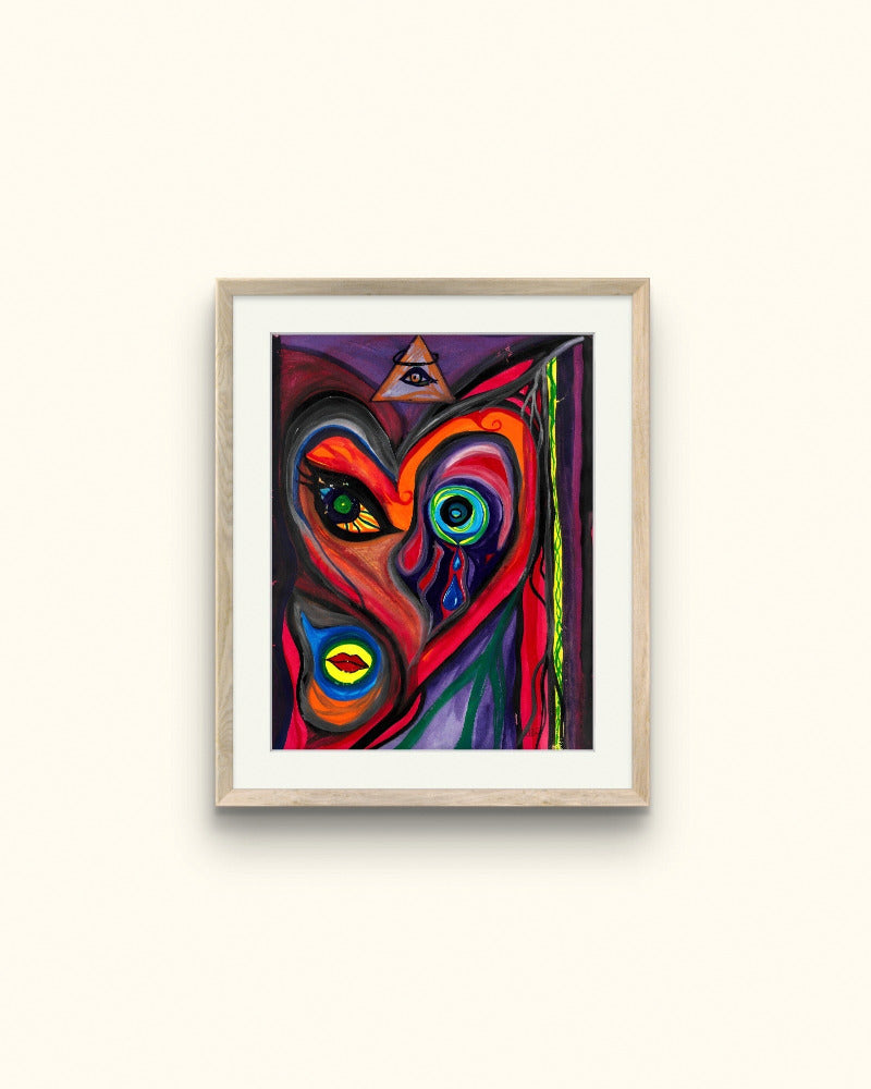Wooden framed distorted face painting on beige wall.