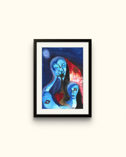 Blue framed painting on beige wall.