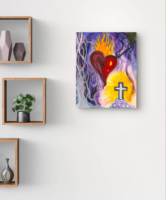 Purple heart painting on white wall with square bookshelves.