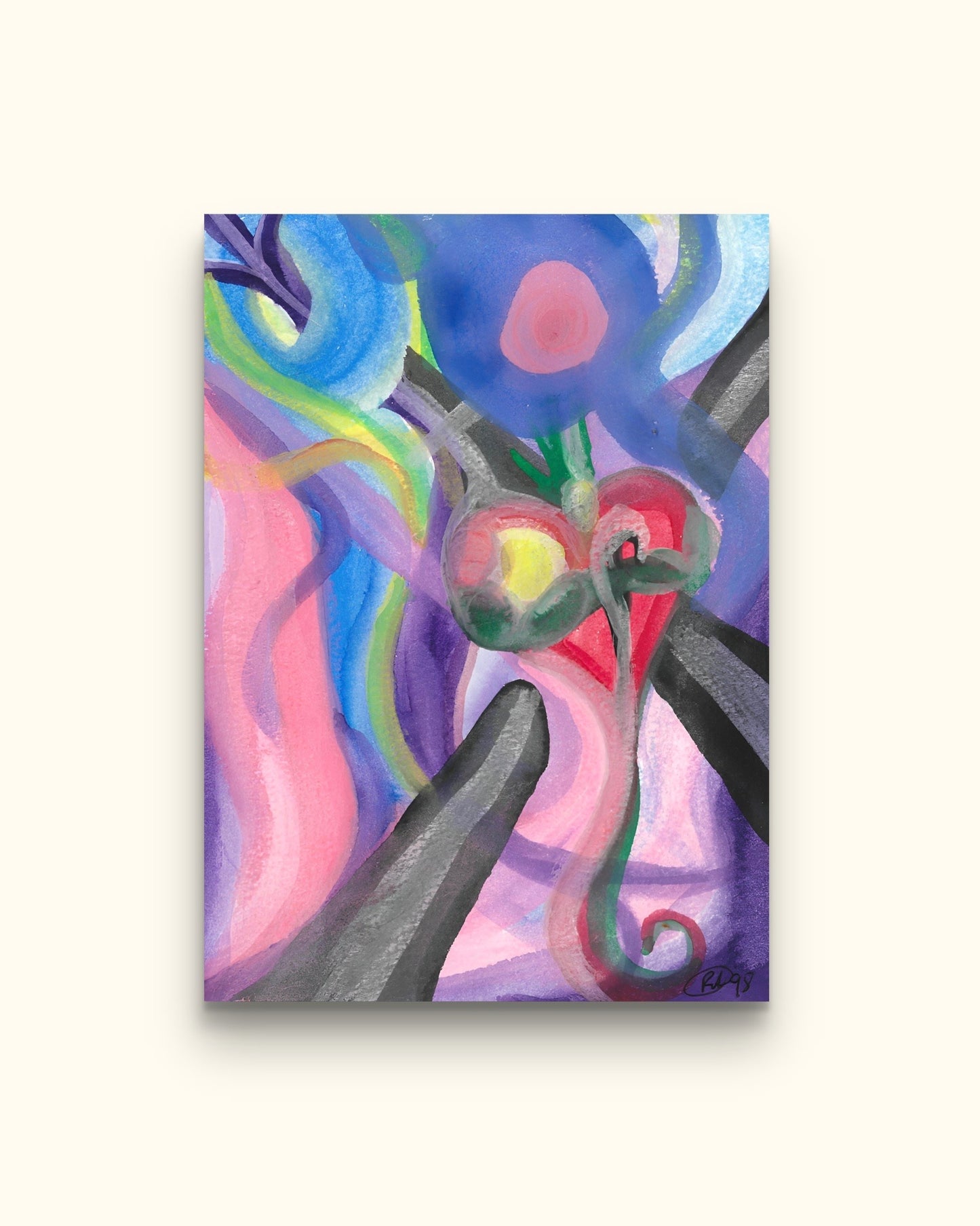 Painting of tethers to heart on beige wall.