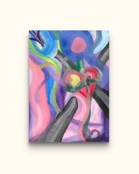 Painting of tethers to heart on beige wall.