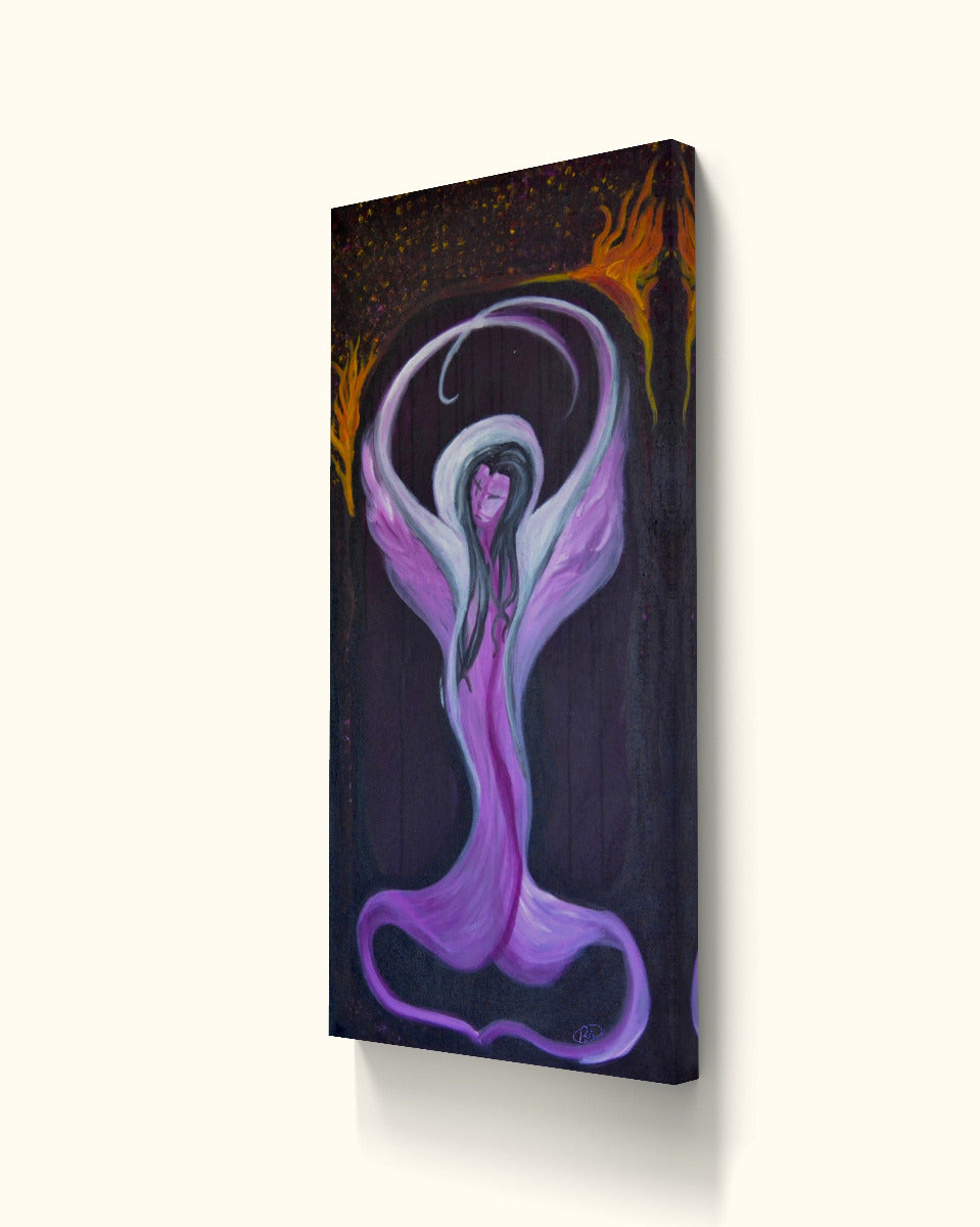 Angled view of purple figure painting on beige wall.