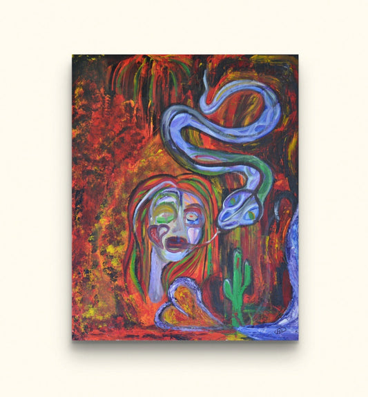 Painting of desert woman, cactus, and blue snake on beige wall.