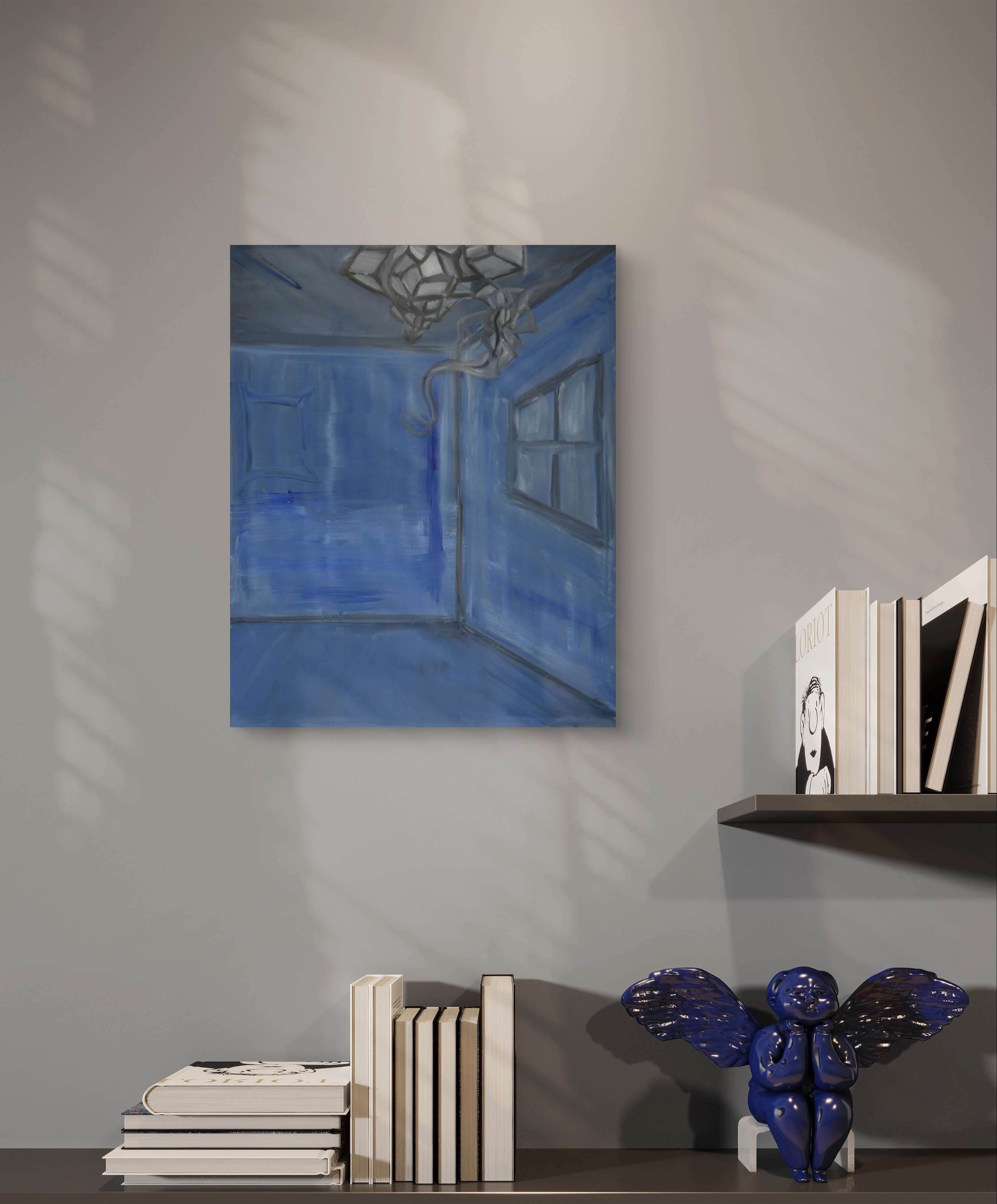 Blue room painting on grey wall above wooden bookshelf and blue angel.