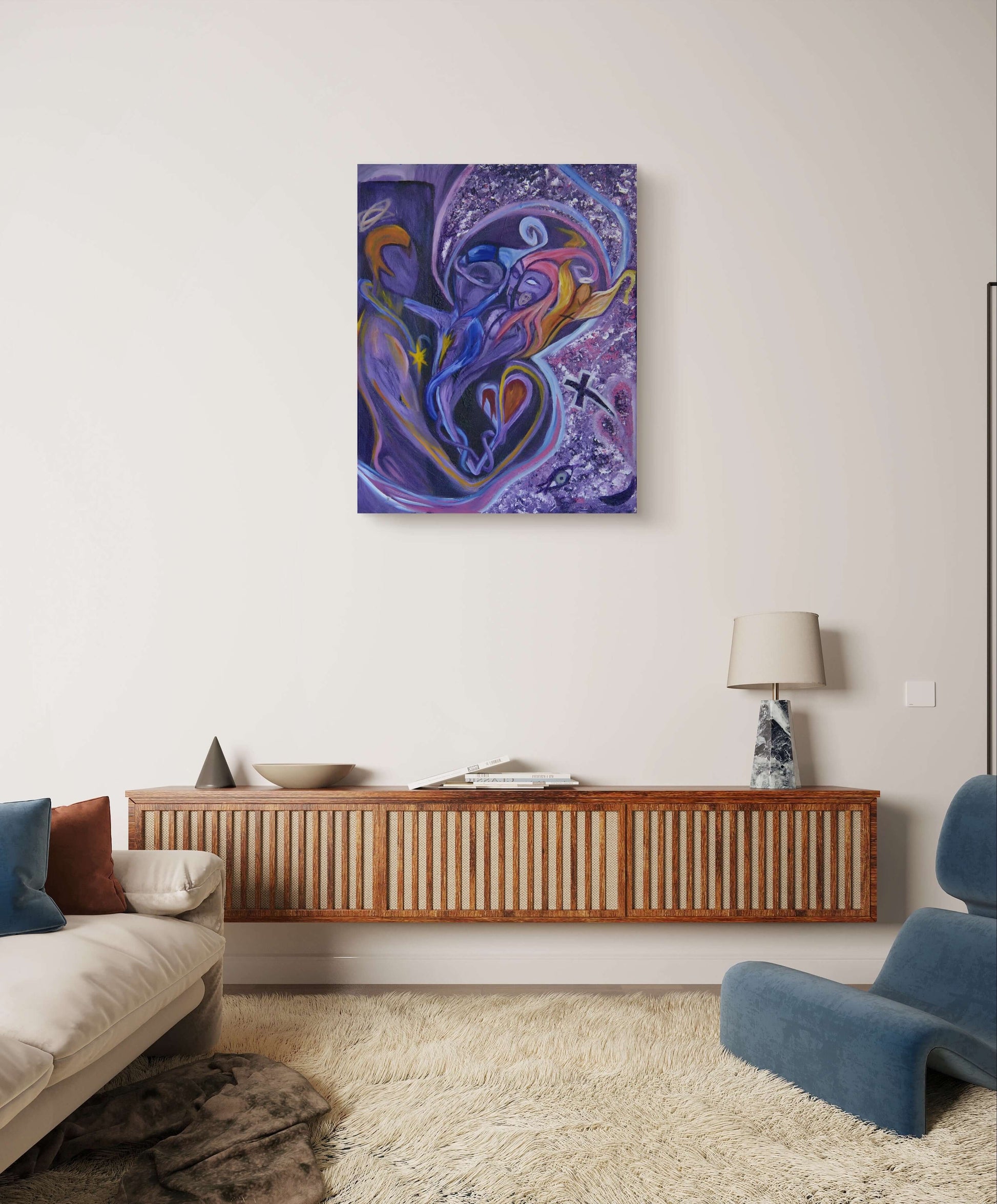 Purple painting on white wall above floating wooden table behind blue chair.