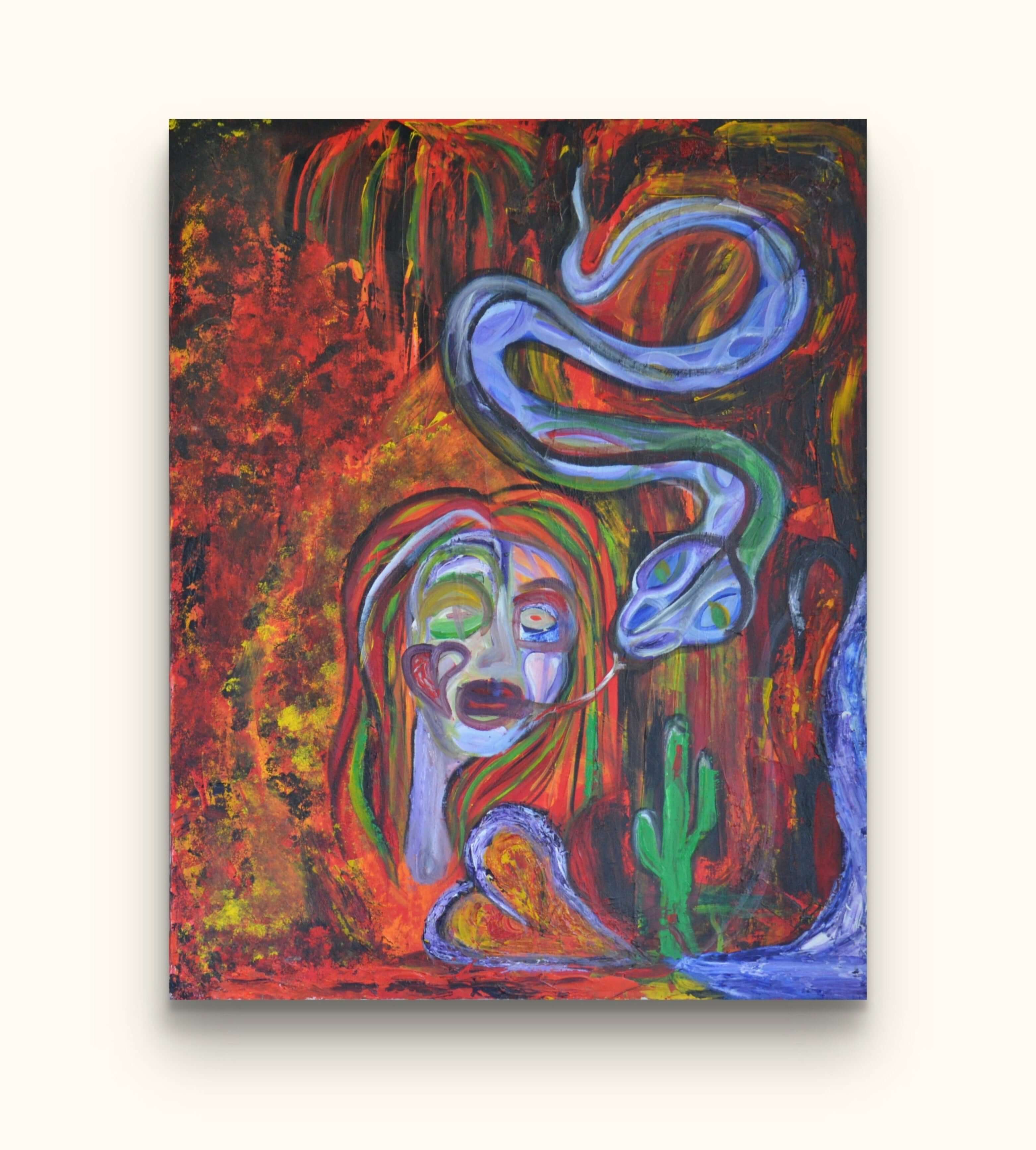 Distorted woman face red painting with blue snake and cactus on beige wall.