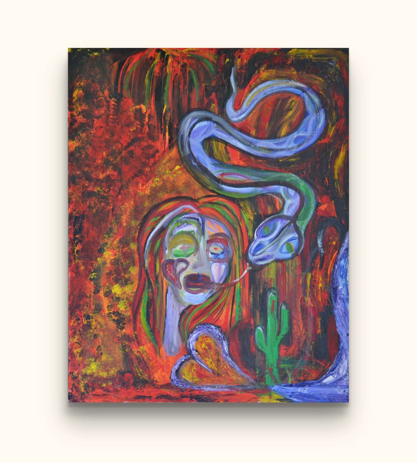 Distorted woman face red painting with blue snake and cactus on beige wall.