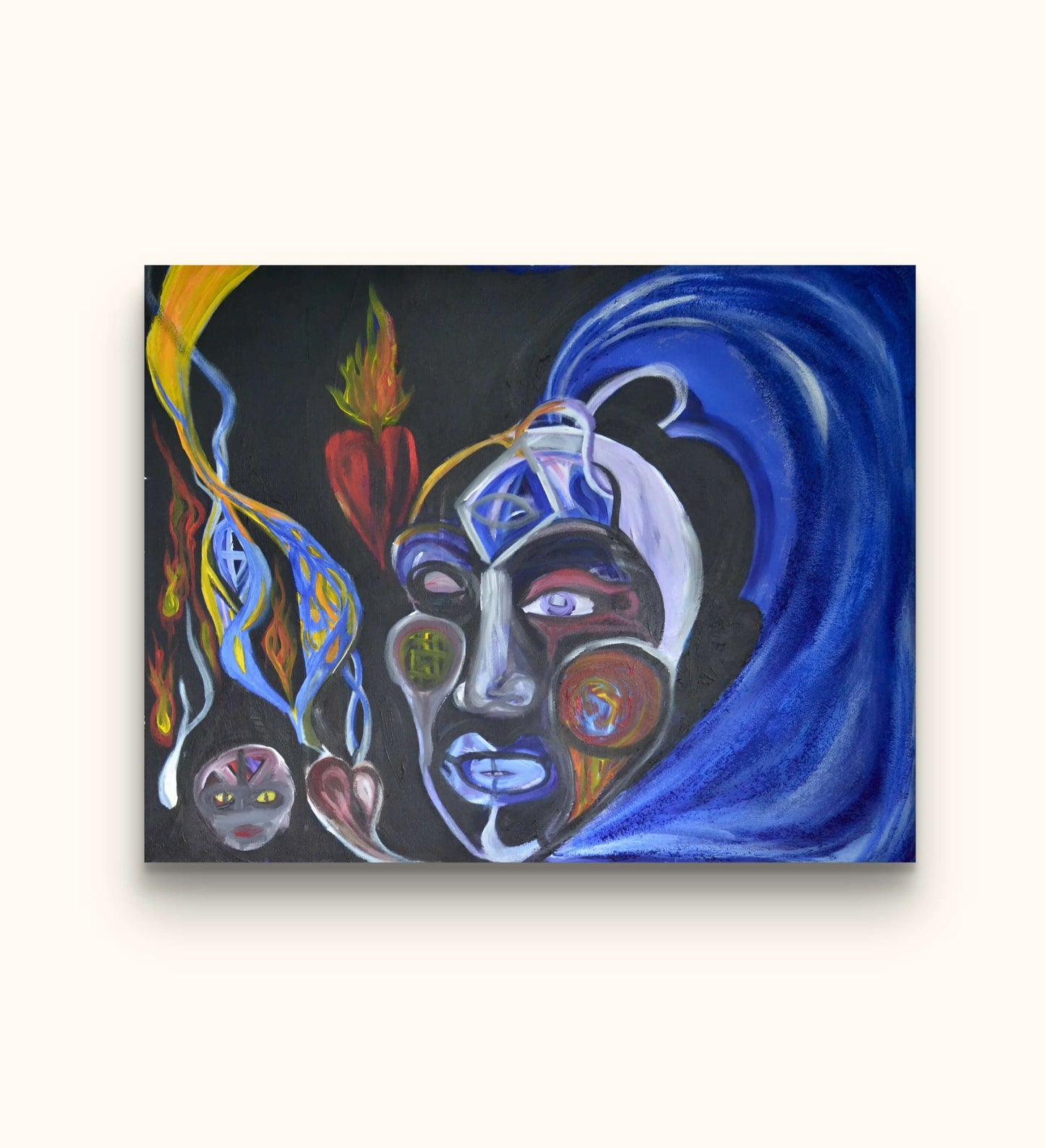 Painting of mystical man with blue ponytail on beige wall.