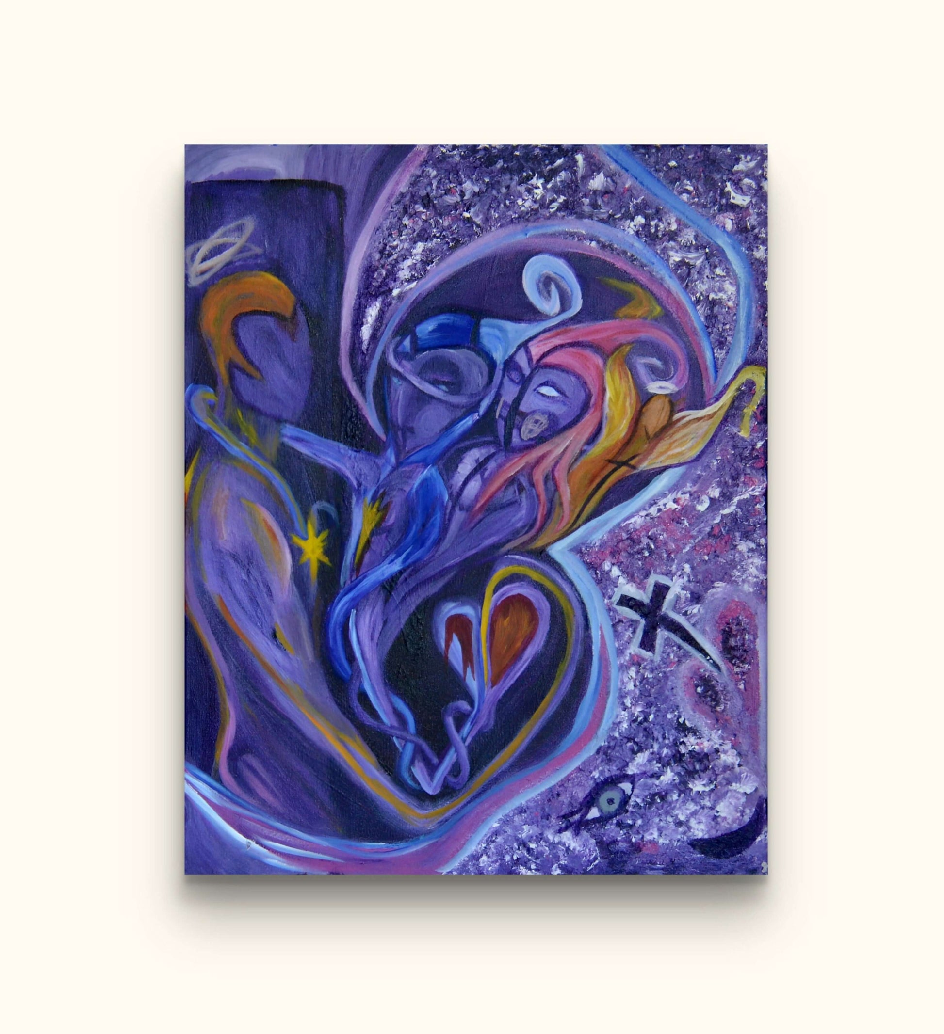 Purple painting of three figures on beige wall.