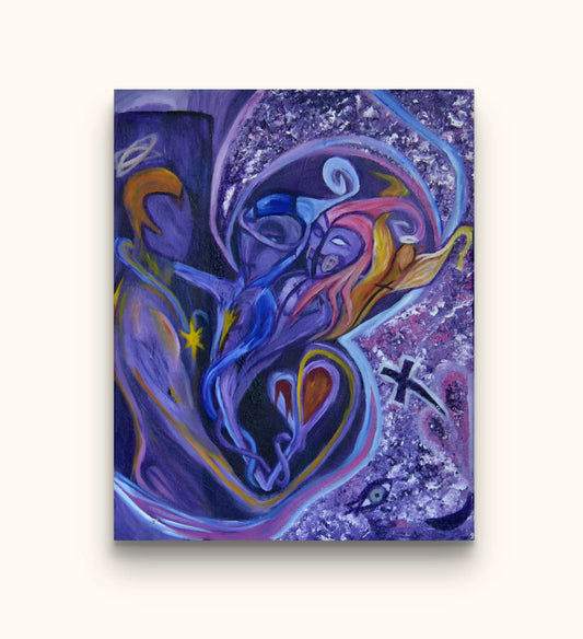 Purple painting of three figures on beige wall.