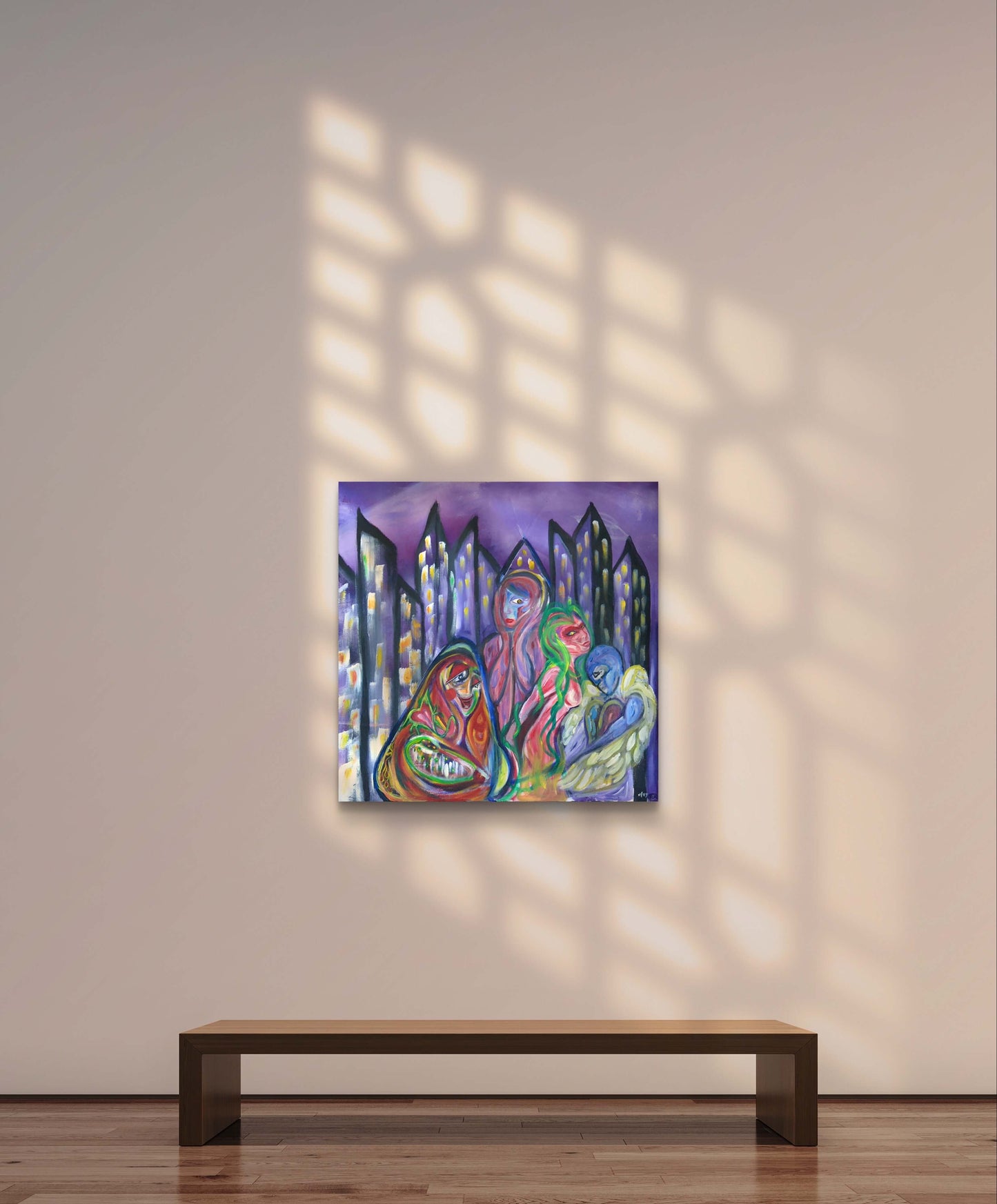 Purple painting on white wall above wooden bench.